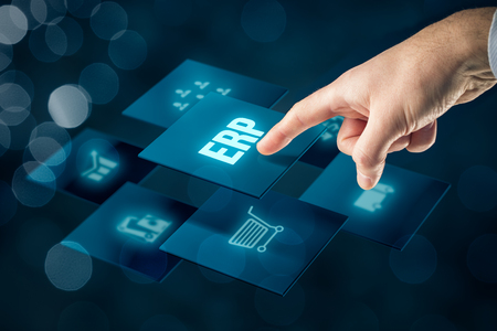 Enterprise resource planning ERP concept. Businessman click on ERP business management software button for collect, store, manage and interpret business data about customers, HR, production, logistics, financials and marketing.の写真素材