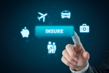 On-line insurance concept. Businessman (or insurance agent or client) click on insure button. Insurance icons: car insurance, travel insurance, family and life insurance, financial insurance and health insurance.の写真素材