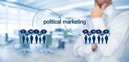 Political marketing impact and populism threat concept. Political marketing is the way how to change thinking of the public. Marketing guru think how to change public opinion.の写真素材