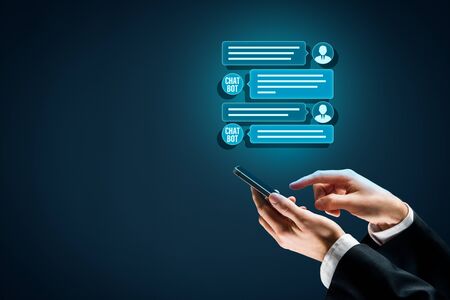 Chatbot smart phone artificial intelligence communication concept. Chatbot is new trend in B2C communication with conversational AI application.の写真素材