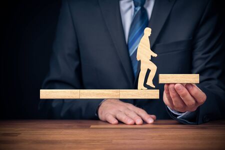 Coach motivate to personal development, personal and career growth, challenge and potential concepts. Coach (human resources officer, manager, mentor) motivate employee to leave comfort zone.の写真素材