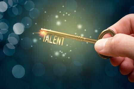 Key to unlock and open your talent and potential. Mentor, coach and another leading person has a key to open hidden talent. Talented human resources are very important for company success.の写真素材