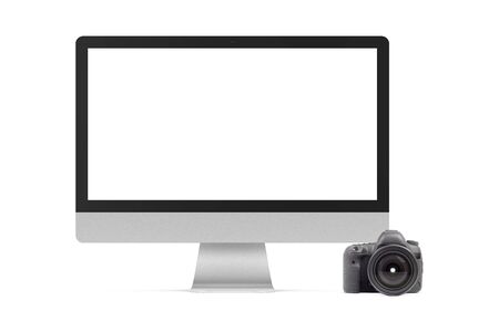 Modern computer and DSLR photo camera on white background. Universal graphics element for photographers propagation and designs.の写真素材