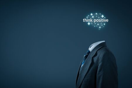 Coach motivate to think positive concept. Businessman, plus signs in shape of brain and text think positive.の写真素材