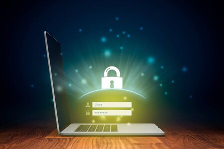 Cybersecurity and computer security concept. Notebook and login screen and padlock symbolizing...