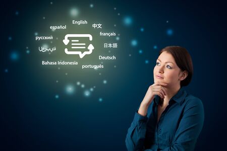 Translator female professional and languages education concepts. Woman person with symbol of translation (speech bubble with arrows and abstract text) and globally important languages.の写真素材