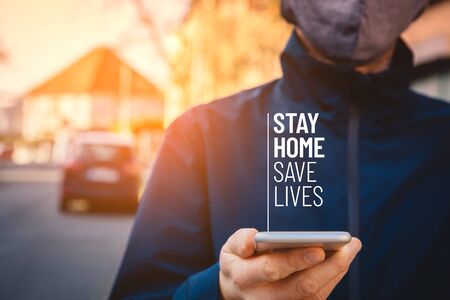 Stay home save lives quarantine motivation concept. Quarantine reduce contact with potentially infected person in times of epidemic.の写真素材