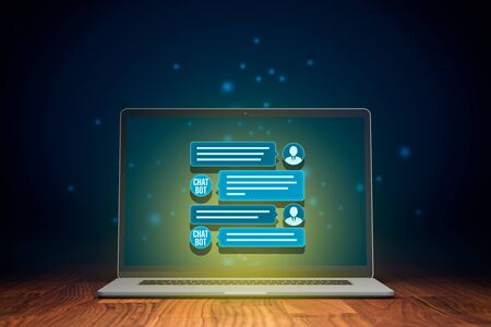 Chatbot on notebook artificial intelligence communication concept. Chatbot is new trend in B2C communication with conversational AI application.の写真素材