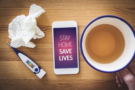 Stay home save lives quarantine motivation concept. Quarantine (isolation) reduce contact with potentially infected person in times of epidemic.の写真素材