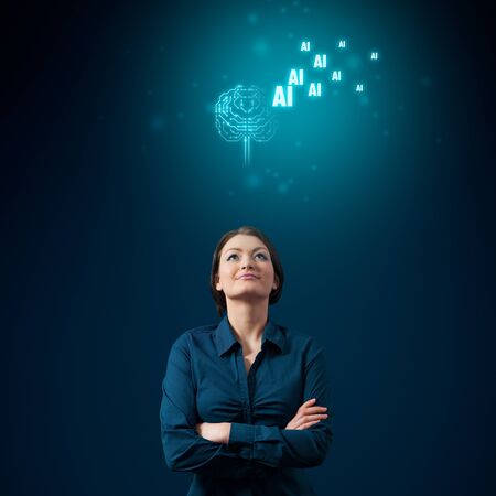 Artificial intelligence (AI), machine deep learning, data mining, and another modern computer technologies concepts with young woman scientist. Brain in PCB design representing artificial intelligence.の写真素材