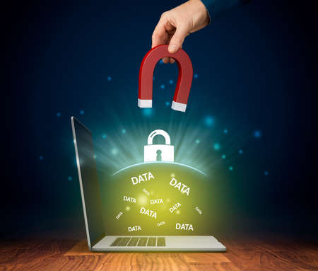 Computer data protection and cyber security concept. Antivirus app protected computer data against cyber and internet threats.の写真素材