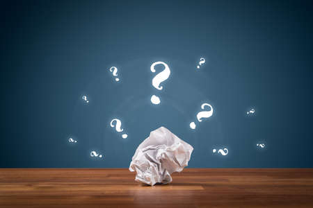 No idea, creativity improvement concept. Crumpled paper and question marks. Creative company has solution - advertisement concept.の写真素材