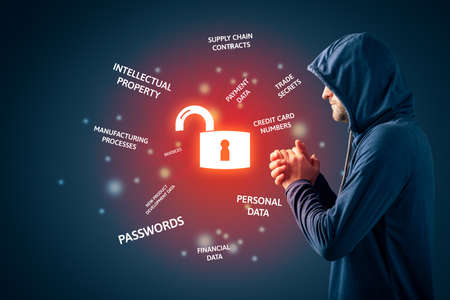 Malicious hacker look forward to steal corporate data. Corporate company data leakage and bad security concept.の写真素材