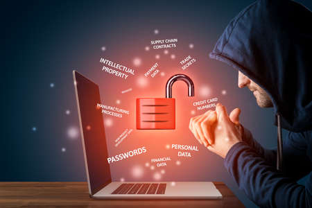 Malicious hacker prepared forward to steal corporate data. Corporate company data leakage and bad security concept. Increased risk in post covid-19 era with home office workers with unsecured computers.の写真素材