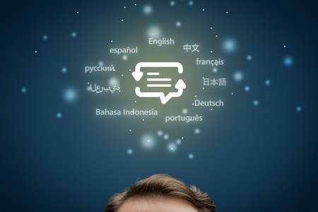 Translator professional, language course and multilingual person concept. Person with symbol of...