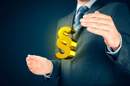 Lawyer and advocate services concept. Protective gesture of lawyer and gold symbol of paragraph.
