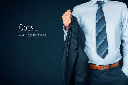 Http 404 error not found page template concept. Error page 404 message and businessperson in casual posture.の写真素材