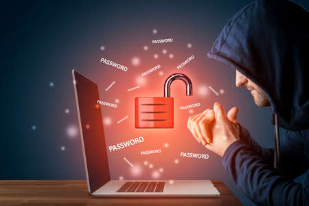 Malicious hacker prepared to steal passwords from unsecured computer. Password leakage and cybersecurity concept. Notebook with symbol of open padlock and texts password.の写真素材