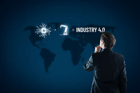 Industry 4.0 concept with manager and equation how to combine artificial intelligence and robotics to improve manufacturing.の写真素材
