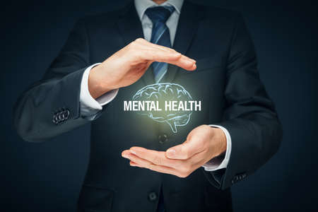 Protect your mental health psychology concept. Psychologist with protective hand gesture and symbol of brain and text mental health.