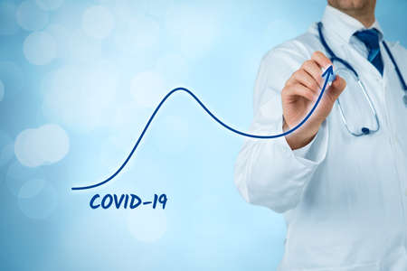 Doctor practitioner prepare for a second wave of covid-19 concept. Doctor draw graph of number of infected patients in second wave of epidemic.の写真素材