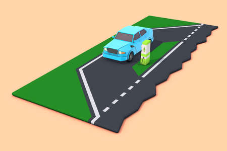 Electric car charging battery, future life with electric cars concept, 3D render in low poly design.の写真素材