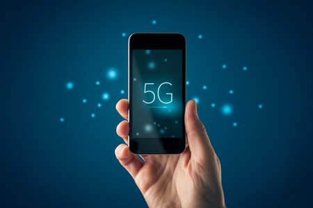 5G internet connection smart phone concept. Hand hold smartphone with 5G broadband cellular network.