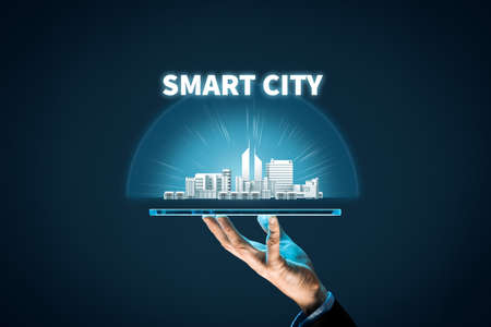Smart city concept - communication technology (ICT) and Internet of things (IoT) technology integrated to manage city asset.の写真素材