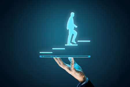 Internet technology companies growth concept. Business improvement, personal development and growth concept. Business person motivate to be market leader and the best.の写真素材