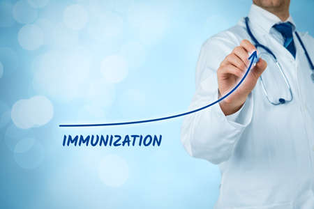 Increasing immunization coverage concept. Doctor practitioner draw simple growing graph with text immunization.の写真素材