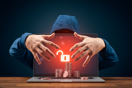 Bitcoin and cryptocurrency cybersecurity concept with hacker behind the unsecured notebook.の写真素材