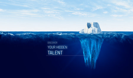 Discover your hidden talent. Motivational concept with iceberg â bigger part representing undiscovered talent is hidden under water. Creativity improvement concept.の写真素材