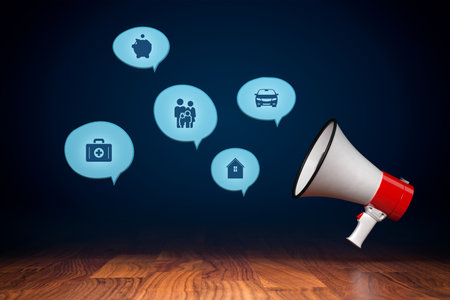 Insurance concept with megaphone and comic speech bubbles, 3D render with cartoon design. Assurance and insurance icons: car, real estate and property, finances, health, family and life.の写真素材