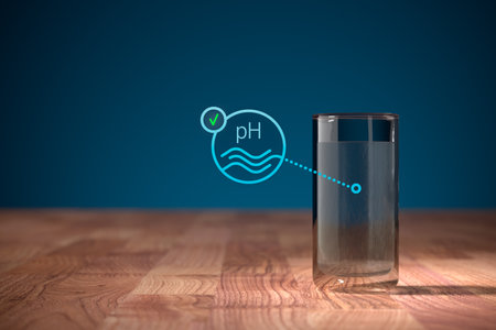 Optimal drinking water pH concept with drinking water in glass. Drinking water and symbol of water and check box representing optimal acidity of water.の写真素材