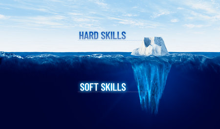Discover your hidden soft skills concept. Motivational concept for leaderships with iceberg â bigger part representing undiscovered soft skills is hidden under water.の写真素材