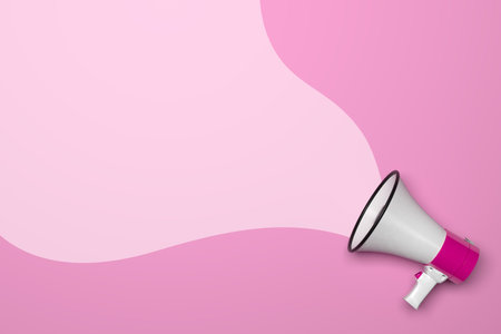 Female messages and marketing communication concept represented by megaphone and pink color. Feminism and marketing communication focused on woman, 3D render.の写真素材