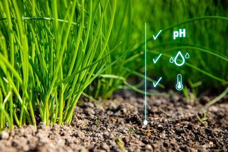 Smart garden concept with chives and controlled soil. Intelligent gardening with optimal soil moisture, pH and temperature.の写真素材