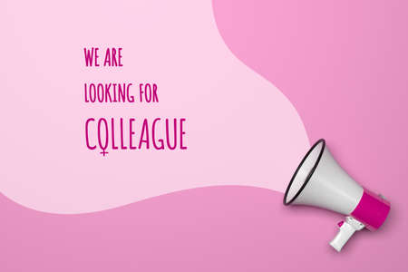 We are looking for female colleague marketing concept. Human resources recruitment advertisement concept with megaphone, 3D render.の写真素材