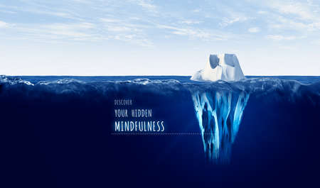 Discover your hidden mindfulness concept with iceberg. Motivational concept for personal growth with iceberg â bigger part representing undiscovered mindfulness is hidden under water.の写真素材