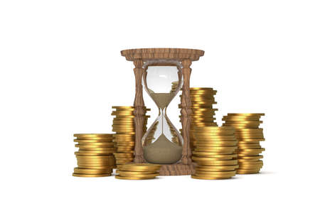 Time is money concept with sandglass. Efficiency and productivity improvement bring more earnings and save time. Sandglass and coins on white background, 3D render.の写真素材