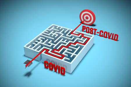 Hard way from covid era to post-covid era. Concept with labyrinth and arrow hit target, 3D render.の写真素材