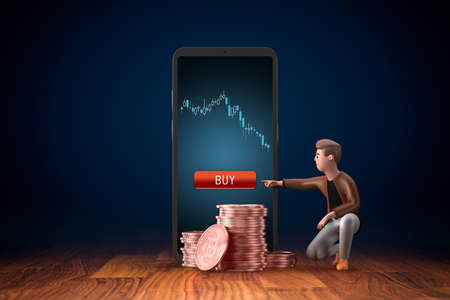 Bitcoin cryptocurrency opportunity to buy concept. Smart phone screen with bitcoin descending market chart and button buy. Figurine pointing to button. Bitcoin coins before smart phone.の写真素材