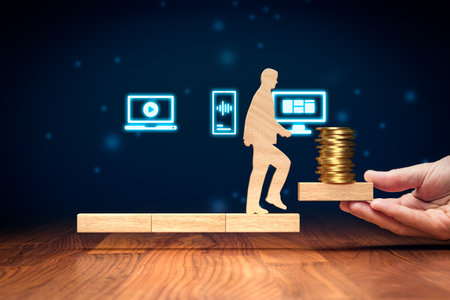 Monetize your content. Passive income helps build financial independence. Growth wealth with multimedia content concept - footage, video, photography, illustration and audio like music, sounds or podcast.の写真素材