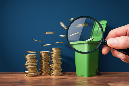 Inflation concept - coins fly to garbage can. Visual metaphor of devaluation of savings by inflation. Magnifying glass in hand focus on part of coins and dustbin container.の写真素材
