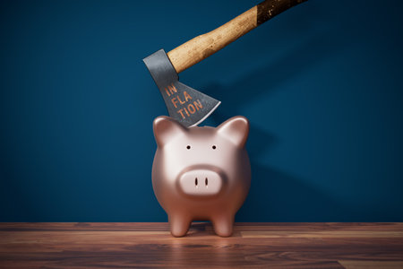 Inflation destroys savings concept. Piggy bank with savings inside and ax with text inflation destroys piggy bank.の写真素材