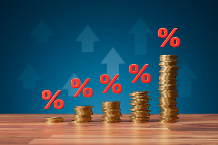 Growing inflation, profit, income or margins concepts with coins, percentage symbols and arrows in background. Fast increase of inflation or costs payments visual metaphor.の写真素材