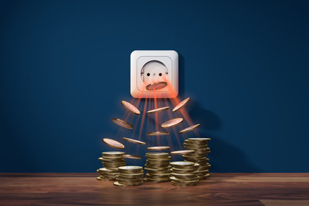 Price of electricity costs financial concept. Socket (electric outlet, wall plug) vacuum nearby coins. Electricity prices ruin family budgets.の写真素材