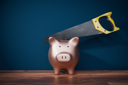 Inflation destroys savings concept. Piggy bank with savings inside and saw destroys piggy bank.の写真素材