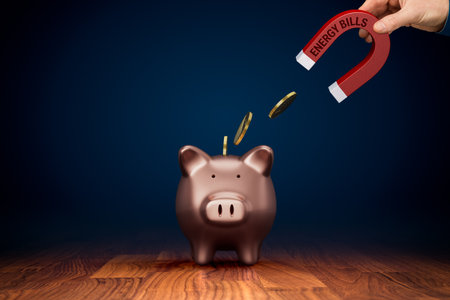 Energy bills drain the family budget. Concept with magnet and coins flying from piggy bank.の写真素材