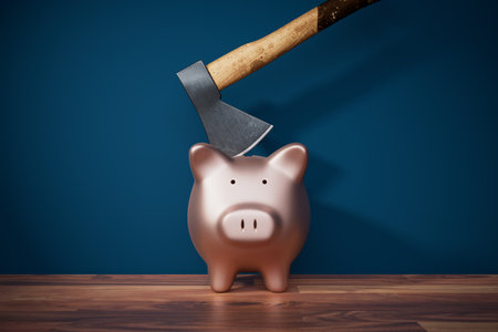 Inflation destroys savings concept. Piggy bank with savings inside and ax destroys piggy bank.の写真素材